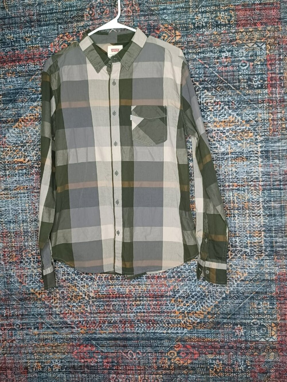 Levis mens gray green brown beige plaid button down shirt M EUC